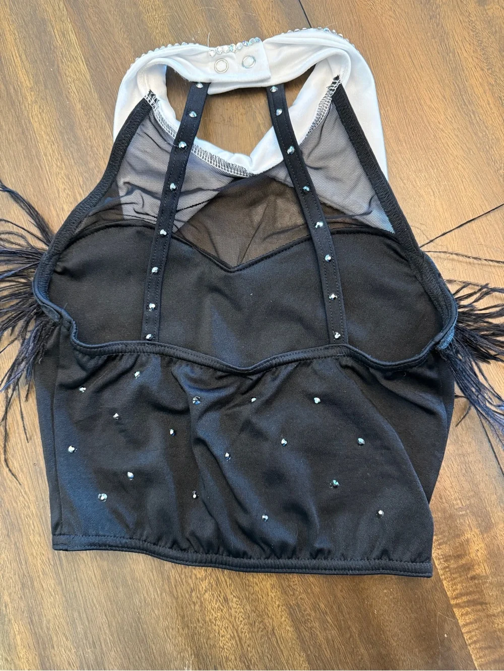 Teen Black Feather-Trim Crop Top and Long Pants Dance Costume